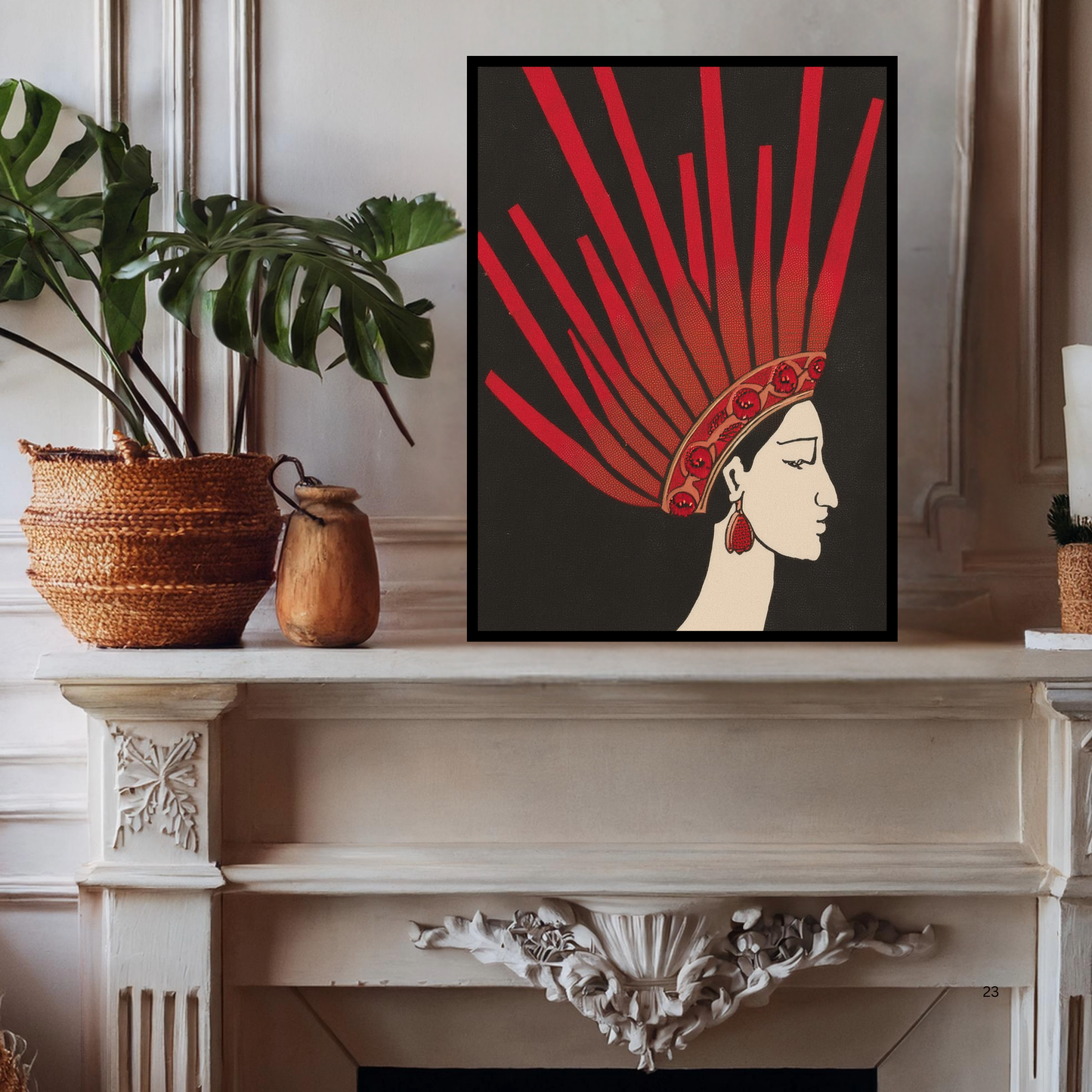 French-Japanese Giclée Art Print – Woman with Bold Red Headdress, Unique Wall Decor