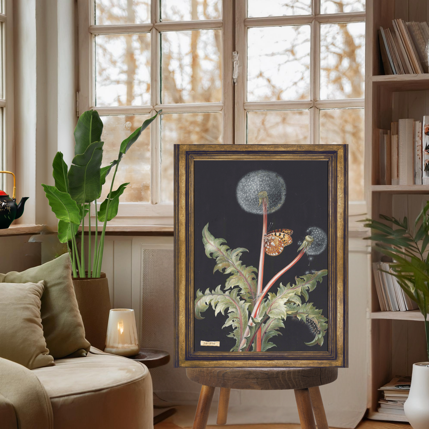 Vintage Dandelion and Insects Art Print – Botanical Wall Art with Rustic Charm