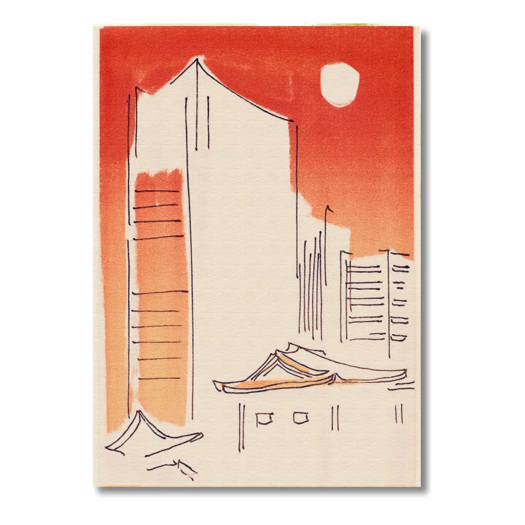 Illustration of a small Japanese town at dusk with warm orange and red tones on a creamy beige background, minimalist and contemporary style.